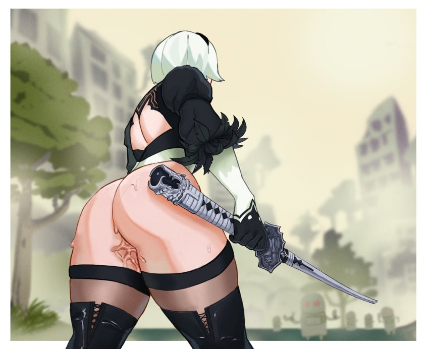 big_ass big_butt fat_ass fighting fighting_stance nier:_automata nier_(series) osumaruart robot robot_girl robot_humanoid sweat sweatdrop sweating wet wet_body wet_pussy white_hair yorha_2b