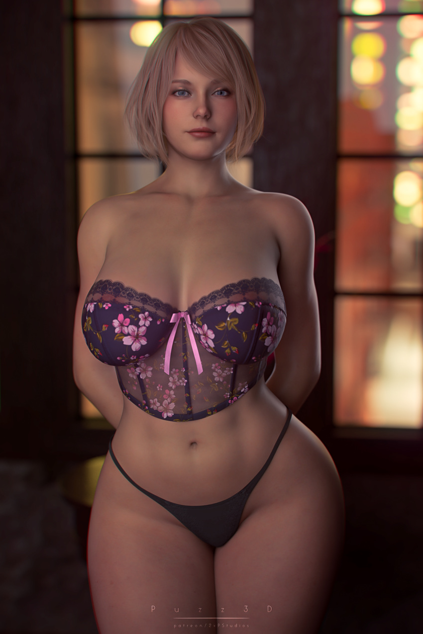 1girls 2xp_studios 3d arms_behind_back ashley_graham ashley_graham_(ella_freya) belly belly_button blonde_hair blue_eyes breasts capcom human large_breasts light-skinned_female light_skin lingerie lips panties pizz3d puzz3d resident_evil resident_evil_4 resident_evil_4_remake solo thick_thighs thighs wide_hips