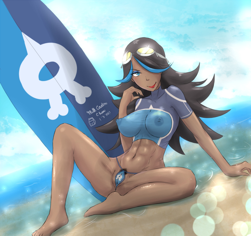 abs areola arm_support beach black_hair blue_eyes breasts cameltoe dark-skinned_female dark_skin erect_nipples female female_only goggles goggles_on_head hair_over_one_eye highres human human_only large_breasts long_hair milkcarton-chan navel nintendo nipples outdoors pokémon pokemon pokemon_oras pose presenting pubic_hair shelly_(pokemon) shelly_(pokemon_oras) silvina_(pokémon) smile solo surfboard team_aqua thong two_tone_hair water wet