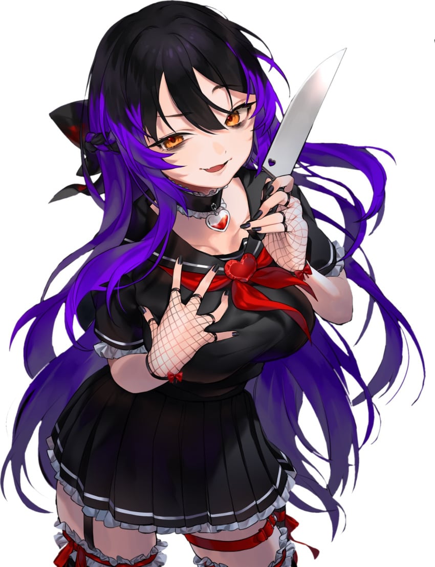 black_choker black_hair black_nails black_shirt black_skirt braid breasts choker cowboy_shot female fingerless_gloves fishnet_thighhighs fishnets frills garter_straps gloves goth goth_girl gothic hair_between_eyes heart holding holding_knife knife kurumi_(vtuber) large_breasts long_hair looking_at_viewer multicolored_hair nail_polish open_mouth orange_eyes pleated_skirt purple_hair sailor_collar school_uniform serafuku shirt short_sleeves simple_background skirt smile solo thigh_strap thighhighs very_long_hair virtual_youtuber white_background yandere