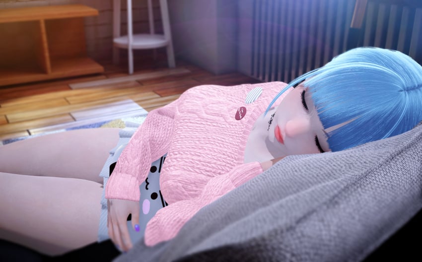 ahwlly ahwlly_(artist) blue_hair self_insert self_upload short_hair sleeping sweater