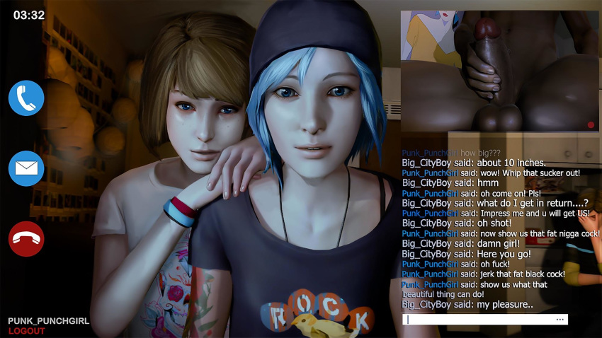 2boys 2girls 3d big_penis blue_eyes blue_hair brown_hair chloe_price clothed_female_nude_male dark-skinned_male dark_skin english_text female human interracial life_is_strange light-skinned_female male masturbation max_caulfield penis recording short_hair skype testicles the_n_word uncensored webcam webchat