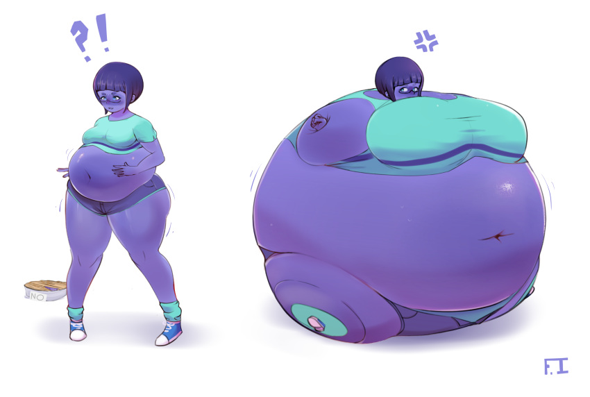 1girls ass_expansion belly_expansion big_thighs blue_hair blue_skin blueberry_inflation blueberry_pie breast_expansion cyan_shirt denim_shorts expansion ferrousingot immobile inflation navel pie short_hair spherical_inflation sunken_head sunken_limbs