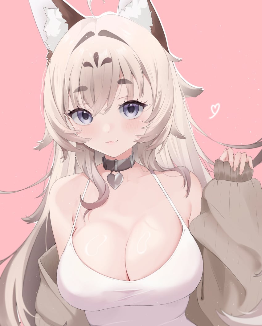 :3 ahoge animal_ear_fluff animal_ears bangs bare_shoulders blue_eyes blush breasts camisole cardigan cleavage closed_mouth collar female female_only foxplushy heart large_breasts long_hair looking_at_viewer mole mole_under_eye off_shoulder open_clothes pink_background ruriqt simple_background smile solo upper_body virtual_youtuber