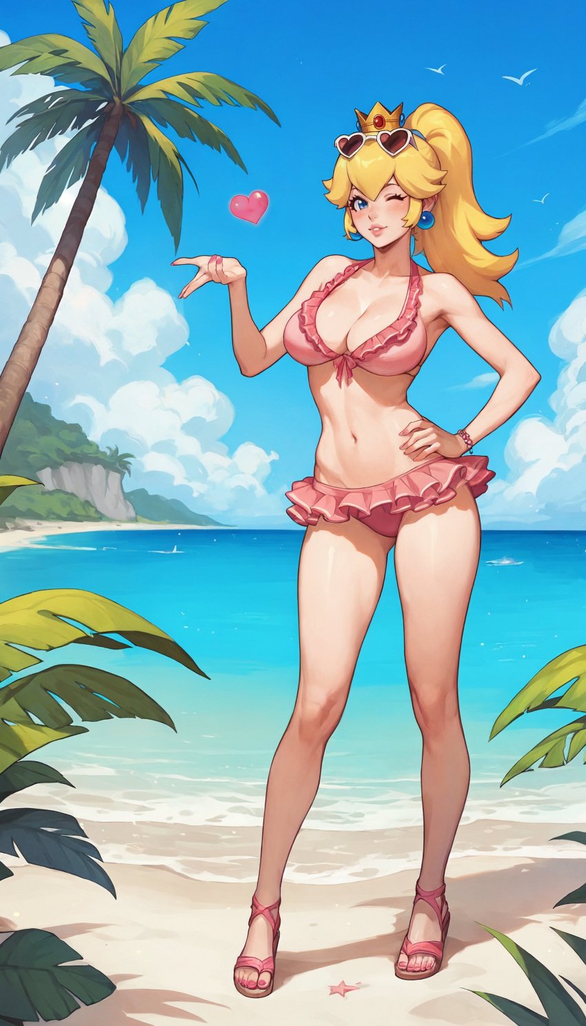 ai_generated aimoonshine beach bikini bikini_skirt blonde_hair blowing_kiss blue_earrings blue_eyes blue_sky blush bracelet busty cleavage earrings eyelashes eyewear_on_head female female_only frilled_bikini front-tie_bikini front-tie_top full_body fully_clothed hand_on_hip hand_up heart heart-shaped_eyewear large_breasts looking_at_viewer mario_(series) mini_crown one_eye_closed outdoors palm_tree parted_lips pink_bikini pink_lips pink_nails ponytail pose princess_peach puckered_lips revealing_clothes sand sandals smile standing sunglasses toenail_polish water wink