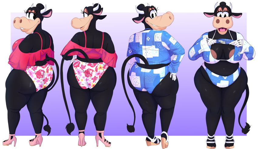 absurd_res anthro anthro_only ass bedroom_eyes belly big_breasts big_butt bikini boolishclara bovid bovine breasts cattle clarabelle_cow clothing disney female footwear hi_res high_heels mammal narrowed_eyes pinup pose seductive solo swimwear thick_thighs