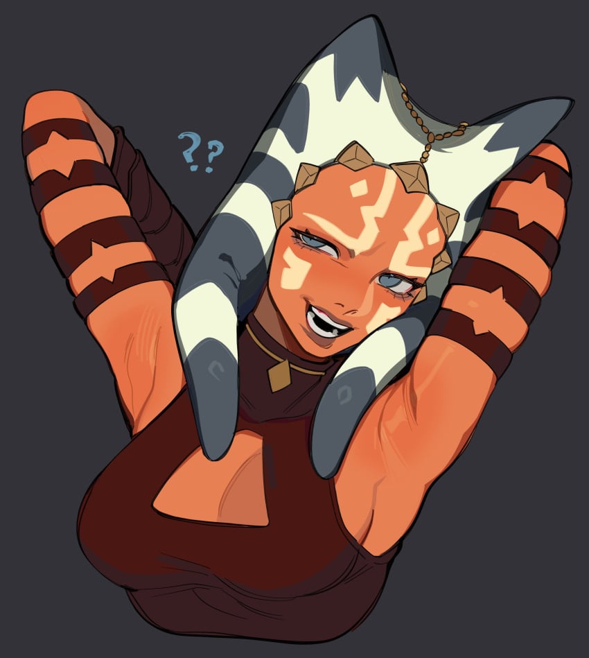 1girls ahsoka_tano alien alien_girl arm_strap arm_straps armpit_crease armpit_fetish armpit_peek armpit_pose armpit_sex_invitation armpits arms_behind_head arms_up big_breasts blue_eyes blush blushing boob_window breasts cleavage_cutout clevage clone_wars female female_only head_tentacles jedi jedi_padawan medium_breasts orange_skin porqueloin presenting_armpit presenting_armpits seductive seductive_eyes seductive_look seductive_smile sideboob smile smiling star_wars text the_clone_wars:_season_three togruta