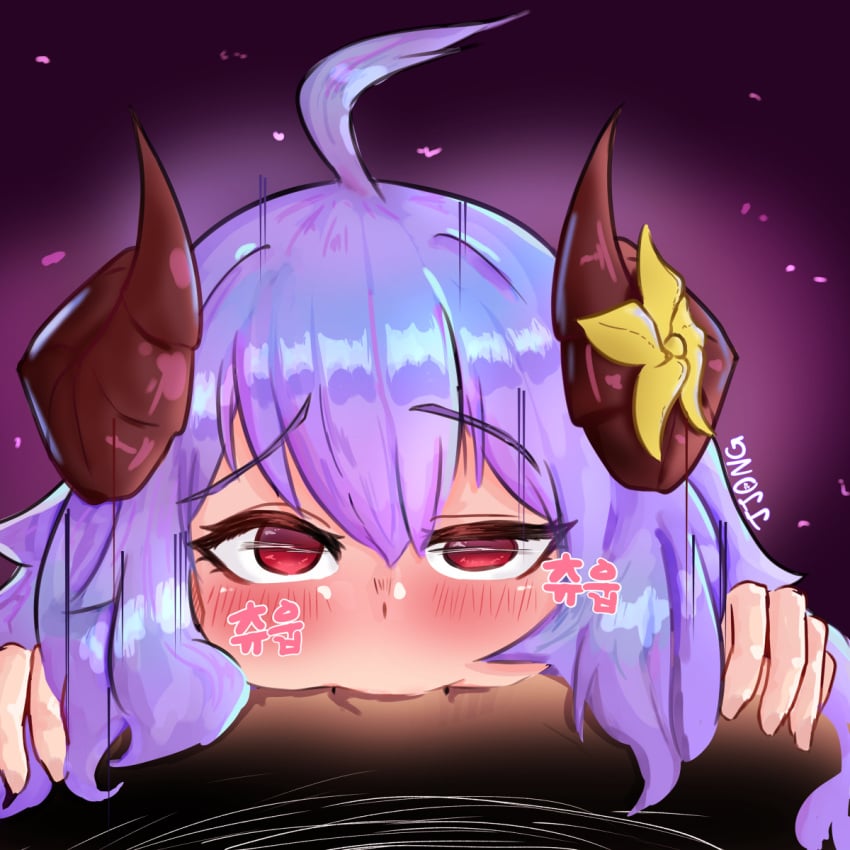 blowjob deepthroat female horns jjong kindred korean_text lamb_(league_of_legends) league_of_legends light_skin looking_at_viewer purple_hair red_eyes spirit_blossom_kindred spirit_blossom_series