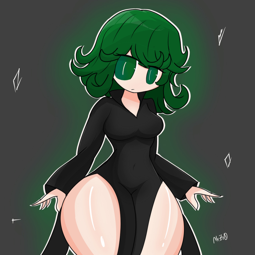 1girls aura breasts clothed_female esper green_eyes green_hair grey_background light-skinned_female mr.zr0 one-punch_man petite petite_female solo solo_female tatsumaki thick_thighs thighs watermark