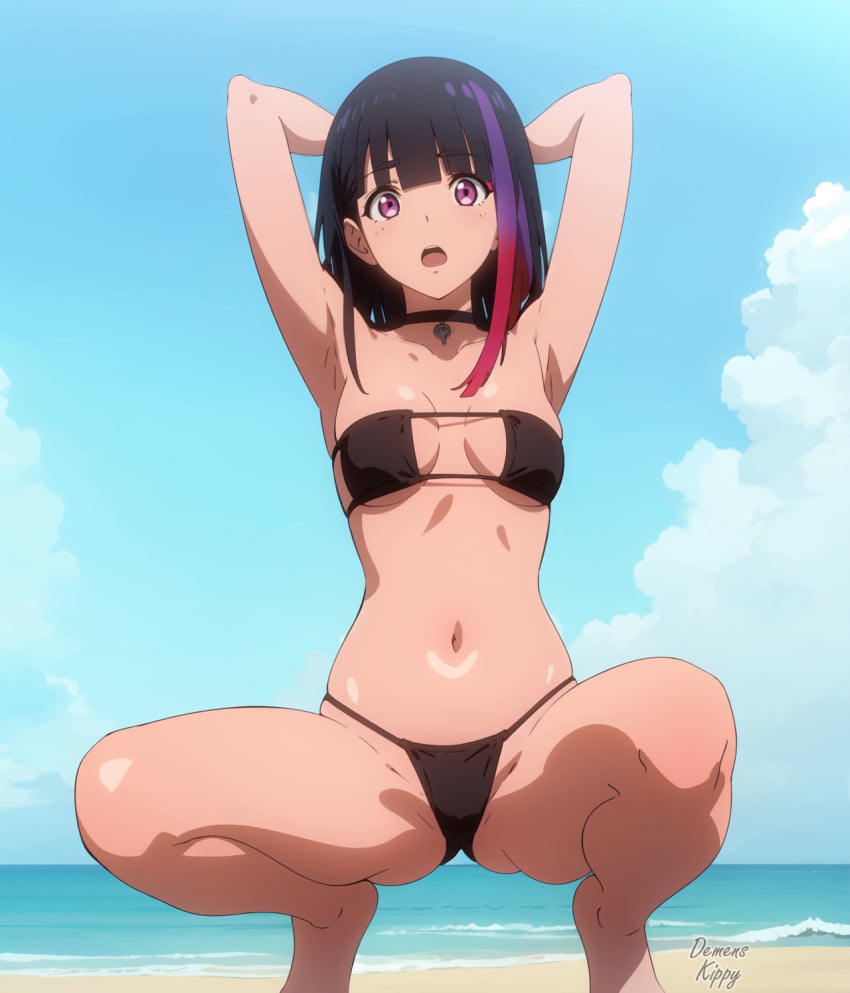 1girls ai_generated arms_up beach bikini breasts day daytime female female_only hands_behind_head hi_res high_resolution highres light-skinned_female medium_breasts metallic_rouge multicolored_hair rouge_redstar spread_legs