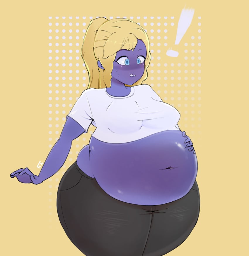 1girls ass_expansion belly_expansion big_ass big_belly big_breasts big_thighs black_jeans blonde_hair blue_eyes blueberry_inflation breast_expansion expansion ferrousingot hand_on_belly inflation jeans navel ponytail shirt surprised surprised_expression white_shirt wide_hips