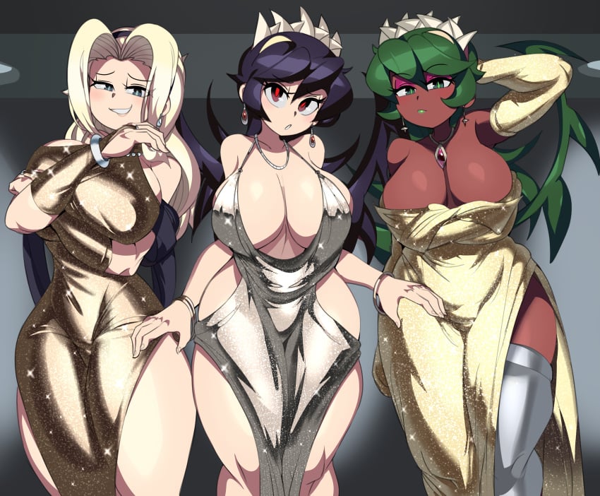 3girls black_hair blonde blonde_hair breasts captain_kirb chocolate_and_vanilla cleavage commission dark-skinned_female dark_skin dress female female_only filia_(skullgirls) fukua_(skullgirls) green_hair high_resolution huge_breasts light-skinned_female light_skin long_hair looking_at_viewer pre-samson_filia skullgirls slit_dress standing thick_thighs