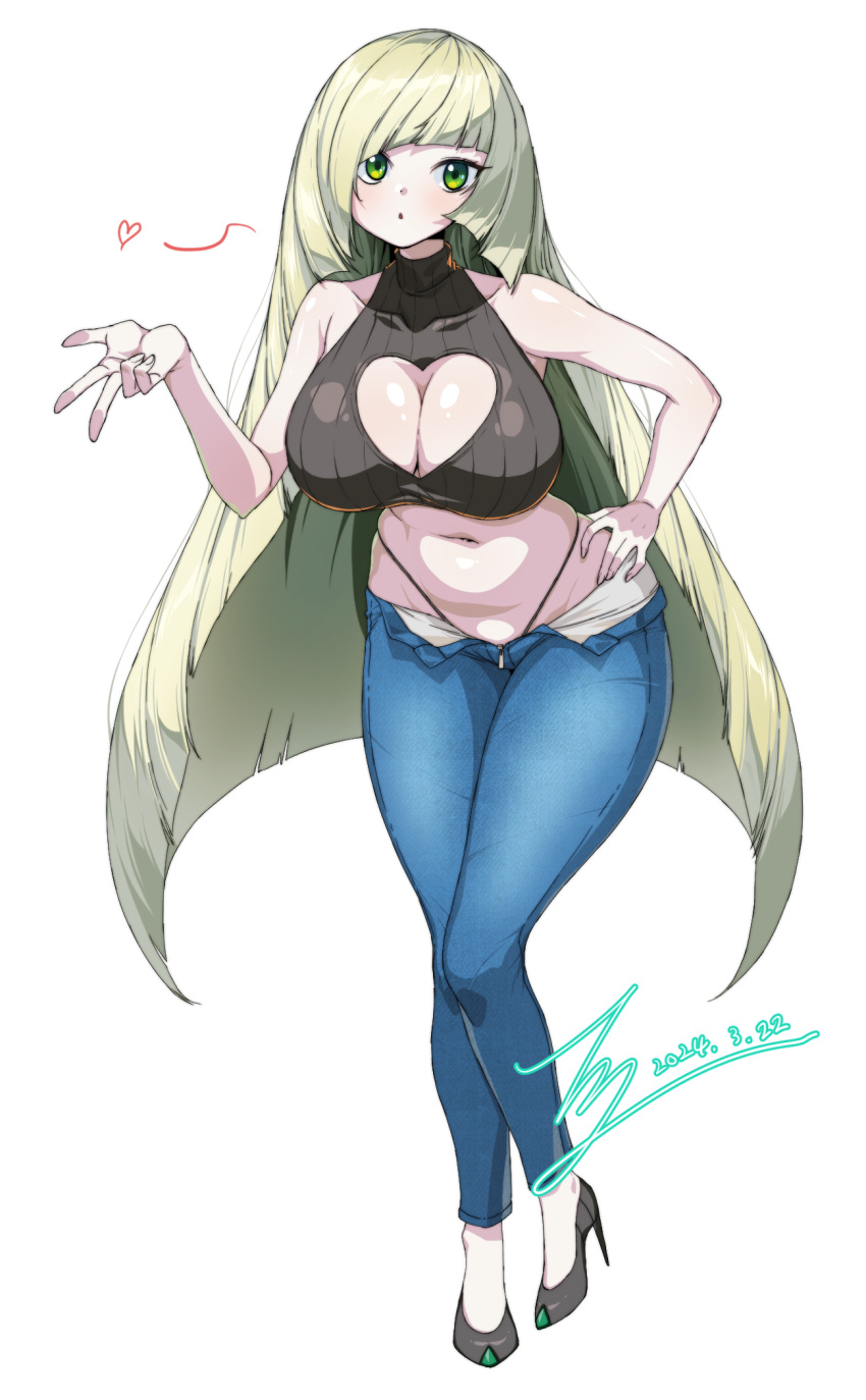 1girls big_breasts black_thong blonde_hair blowing_kiss blue_pants bottomwear breasts cleavage female female_only footwear full_body game_freak green_eyes hair hand_on_hip heart heels high_heels hips huge_breasts jeans legs long_hair lusamine_(pokemon) mature mature_female mature_woman milf mother pants pokemon pokemon_sm rantia solo solo_female thighs thong topwear