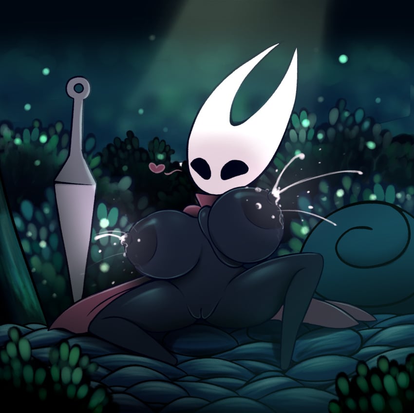 2019 anthro areola arthropod big_breasts black_areola black_body black_nipples bodily_fluids breasts cloak clothing digital_media_(artwork) elfdrago female genitals heart_symbol hi_res holding_breast hollow_knight hornet_(hollow_knight) lactating mask metachoke nail_(weapon) nipples pussy red_cloak red_clothing smile solo team_cherry wearing_mask white_mask