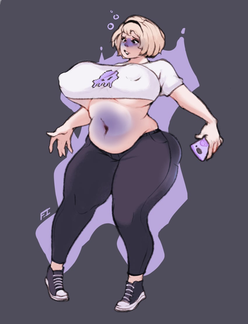 1girls ass_expansion belly_expansion big_ass big_breasts big_nipples big_thighs black_jeans black_pants blonde_hair blue_skin blueberry_inflation breast_expansion caucasian caucasian_female cellphone crop_top ferrousingot homestuck inflation jeans light-skinned_female magic magic_inflation nipples_visible_through_clothing pudgy_belly rose_lalonde short_hair skin_turning_blue underboob white_crop_top wide_hips