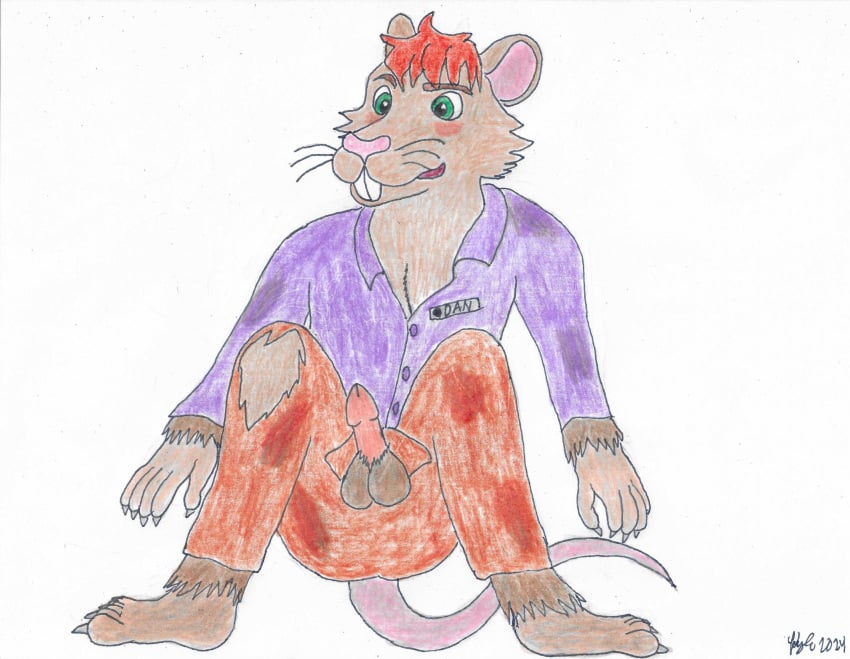 2024 anthro balls bluegreen369 blush clothed clothed_anthro clothing dan_donner dreamworks erection first_porn_of_character genitals green_eyes hair hi_res hu-mouse male mammal megamind megamind_rules! mouse murid murine peacock penis red_hair rodent sitting solo