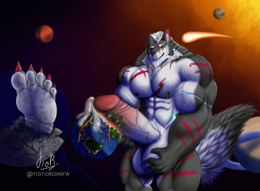 abs absurd_res anthro artist_name balls barefoot biceps big_balls big_penis bodily_fluids canid canine canis claws destruction digital_media_(artwork) earth erection feet foot_fetish fur fur_markings genital_fluids genitals grey_body grey_fur hair hi_res huge_balls huge_cock humanoid_genitalia humanoid_penis hyper hyper_balls hyper_genitalia hyper_penis jupiter_(planet) legs macro male mammal markings mars_(planet) meteor moon multicolored_body muscular muscular_anthro muscular_male night nipples nude outside paws pecs penis piercing planet planet_destruction plant precum saturn_(planet) shaded signature sky smile solo space star tail terra_macro tiotiored tiramisu_(michaelkuo) toes tuft vein veiny_penis white_body white_fur white_hair wolf