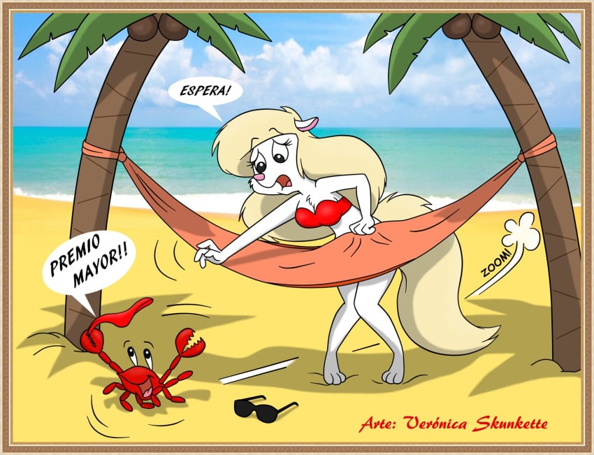 1girls 2013 animaniacs anthro anthro_only beach blonde_hair bottomless_female covering_crotch crab crustacean embarrassed_nude_female female furry hammock minerva_mink veronica-skunkette white_fur