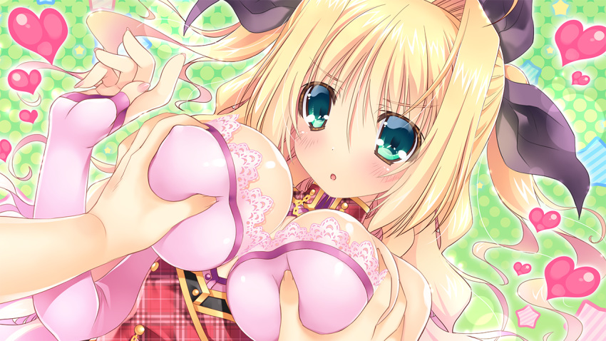 blonde_hair blush breast_grab breasts cleavage female game_cg green_eyes hair_ribbon heart highres huge_breasts long_hair looking_at_viewer oono_tetsuya open_mouth prism_princess_~futari_no_himekishi_to_kokan_no_monshou~ simple_background