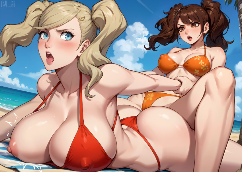 2girls ai_generated angry ann_takamaki arms_behind_back beach big_breasts bikini blonde_hair blue_eyes breasts brown_eyes brown_hair catfight dominant_female female female_only femdom grabbing_from_behind huge_breasts kujikawa_rise lt4_ai multiple_girls nip_slip nipples persona persona_4 persona_5 stable_diffusion swimsuit swimwear twintails wardrobe_malfunction wrestling yuri