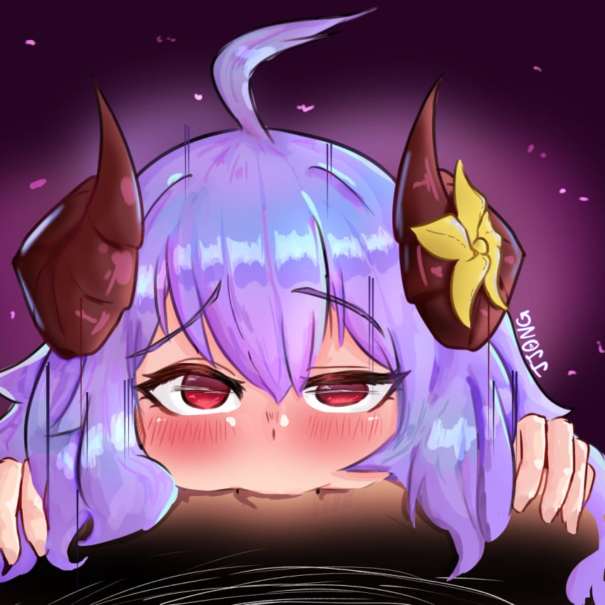 blowjob deepthroat female horns jjong kindred lamb_(league_of_legends) league_of_legends light_skin looking_at_viewer pov purple_hair red_eyes spirit_blossom_kindred spirit_blossom_series