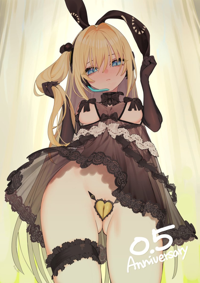 allee_winter_(star_lusts) animal_ears beijuu black_bow black_bowtie black_gloves blonde_hair blue_eyes bow bowtie breasts bridal_garter bunny_ears closed_mouth elbow_gloves fake_animal_ears female from_below gloves hair_between_eyes heart_maebari highres long_hair looking_down maebari medium_breasts negligee one_side_up pussy rabbit_ears see-through solo star_lusts thigh_strap uncensored very_long_hair