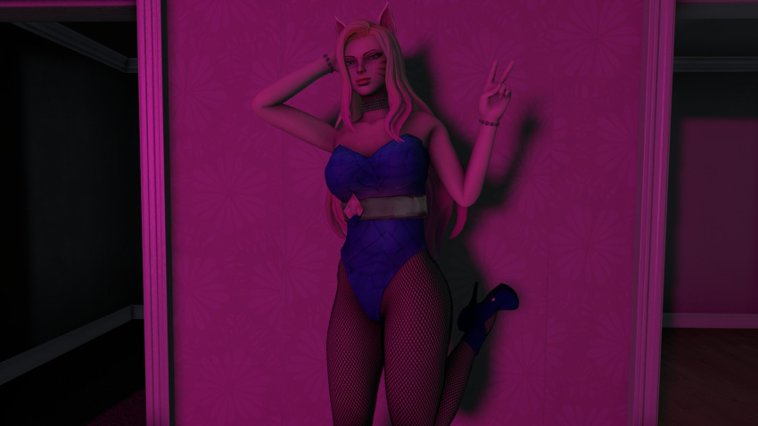 3d ahri belt cat_ears cute_pose female fishnets k/da_all_out_ahri league_of_legends looking_at_viewer one_leg_raised peace_sign posing