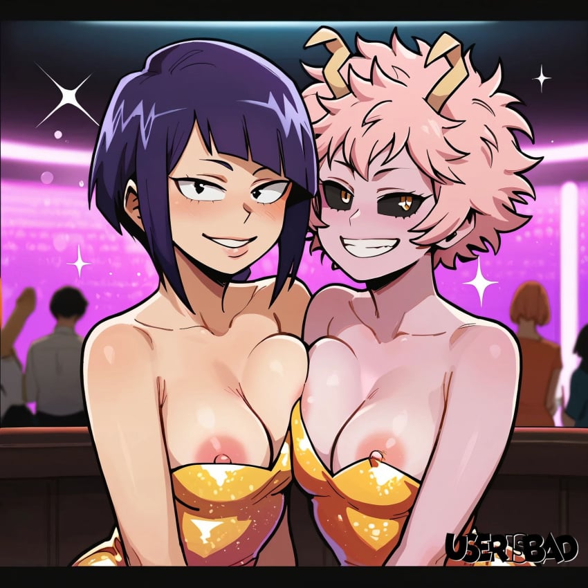 2girls ai_generated areolae ashido_mina boku_no_hero_academia breasts cleavage dress jirou_kyouka kyoka_jiro mina_ashido my_hero_academia nipple_peek nipple_slip nipples symmetrical_docking tagme upper_body userisbad