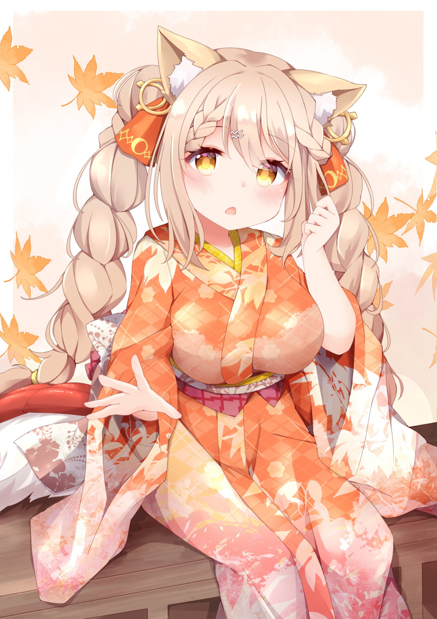 animal_ear_fluff animal_ears autumn_leaves bangs blush braid breasts brown_hair ebiko_(vtuber) female female_only hair_between_eyes hair_ornament hairclip hand_up japanese_clothes kimono large_breasts leaf long_hair long_sleeves looking_at_viewer maple_leaf obi orange_kimono print_kimono sash sitting solo tail tutsucha twin_braids twintails very_long_hair virtual_youtuber wide_sleeves yellow_eyes