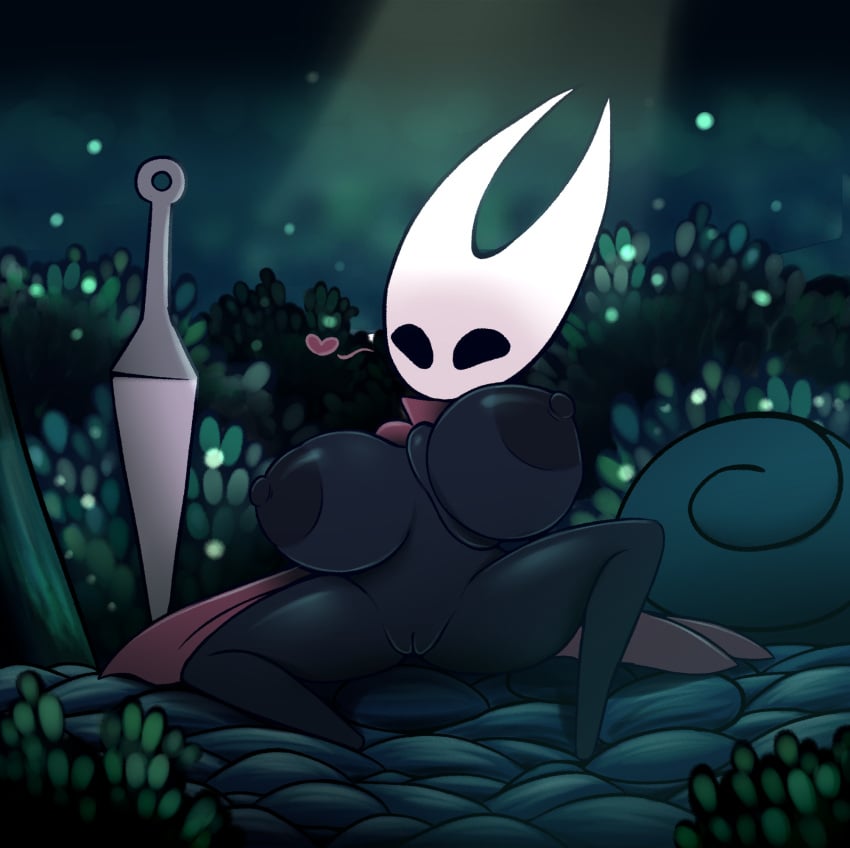 2019 anthro areola arthropod big_breasts black_areola black_body black_nipples breasts cloak clothing digital_media_(artwork) elfdrago female genitals heart_symbol hi_res holding_breast hollow_knight hornet_(hollow_knight) mask metachoke nail_(weapon) nipples pussy red_cloak red_clothing smile solo team_cherry wearing_mask white_mask