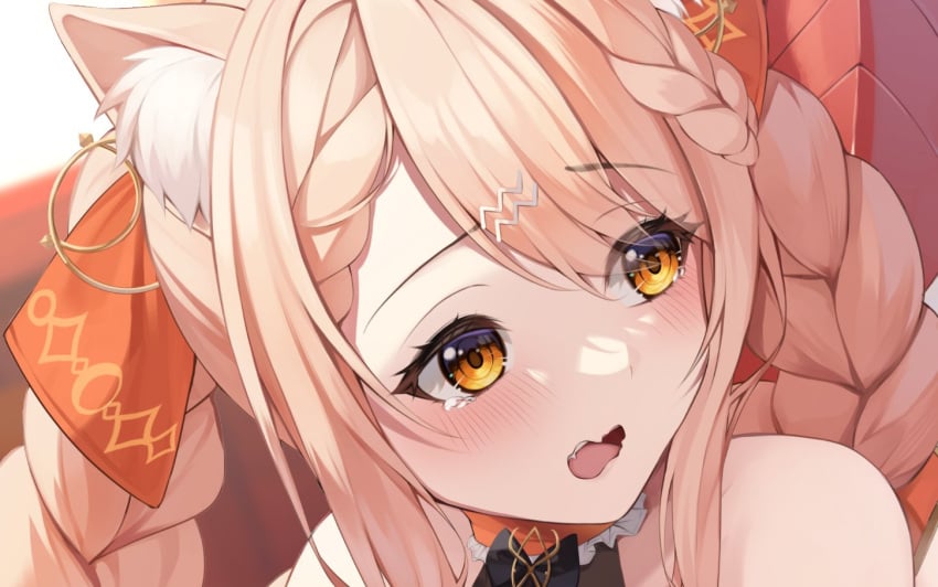 animal_ear_fluff animal_ears bangs bare_shoulders blonde_hair blush braid cat_ears close-up ebiko_(vtuber) fangs female female_only hair_ornament hair_ribbon long_hair looking_away looking_to_the_side oerba_yun_fang open_mouth portrait solo twin_braids tyabesu virtual_youtuber yellow_eyes