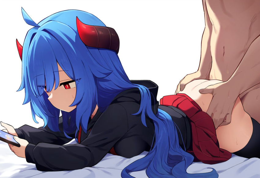 ai_generated ass_grab blue_hair bored clothed_sex demon_girl from_behind hoodie horns jitome long_hair looking_at_phone muzumi_thorns nai_diffusion oc on_phone phone prone_bone red_eyes sex skirt straight succubus thighhighs unimpressed