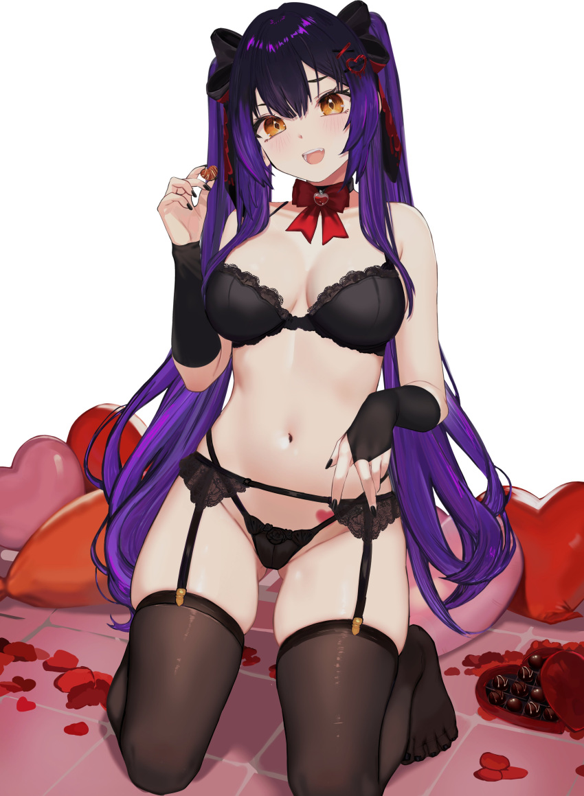 :d ass_visible_through_thighs bangs bare_shoulders black_bra black_nails black_panties black_thighhighs blush bow bowtie bra breasts candy chocolate choker cleavage female food garter_belt hair_ornament hair_ribbon heart heart_pillow holding kneeling kurumi_(vtuber) large_breasts lingerie long_hair looking_at_viewer nail_polish navel no_shoes open_mouth orange_eyes panties petals purple_hair ribbon skindentation smile solo stomach thighhighs thighs twintails underwear underwear_only very_long_hair virtual_youtuber