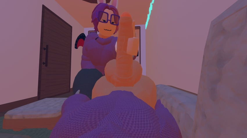 1femboy bat_wings demithefemboy05 femboy handjob purple_clothing purple_hair rec_room rec_room_avatar rec_room_fba_(costume) splenda_(rec_room) square_glasses stroking_penis