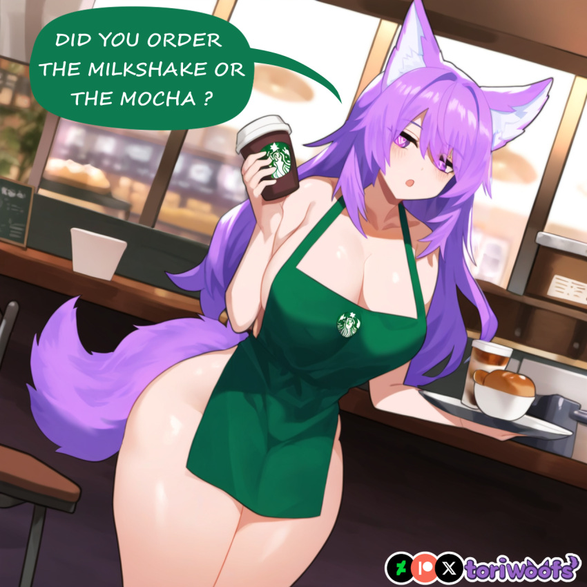 1girls ai_generated apron big_breasts breasts caption curvy cute dog_ears dog_girl doggirl female female_focus female_only highres hips huge_boobs huge_breasts kemonomimi lactation light_skin light_skinned_female long_hair milk naked_apron patreon_username petgirl purple_ears purple_eyes purple_hair purple_tail speech_bubble starbucks thick_thighs thighs tori toriwoofs watermark wavy_hair white_skin white_skinned_female wide_hips wolf_ears