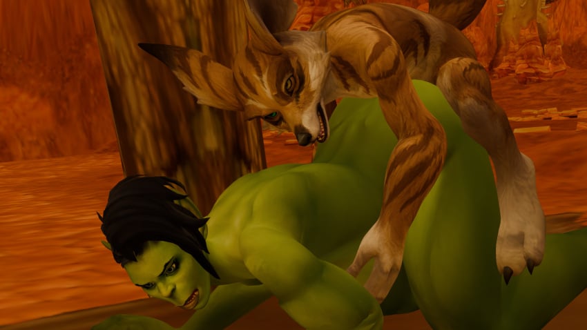 anal anal_sex anthro anthro_on_female anthro_penetrating bigger_female blizzard_entertainment bordo day doggy_style doggy_style_position female female_orc fox_ears fox_humanoid fox_tail green_skin male male/female muscular_female orc orc_(warcraft) orc_female orgrimmar outdoors outside smaller_male two_females two_males valgra vulpera vulpera_male warcraft world_of_warcraft