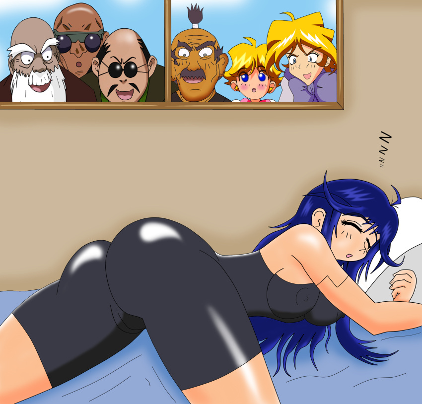 6+boys ahoge android ass bandana bare_shoulders bed blue_hair bodysuit breasts cameltoe closed_eyes clothing erect_nipples female high_resolution light-skinned_female light_skin lime_(saber_j) long_hair male minos multiple_boys nipples open_mouth peeping_tom saber_marionette_j sleeping smile very_high_resolution voyeurism