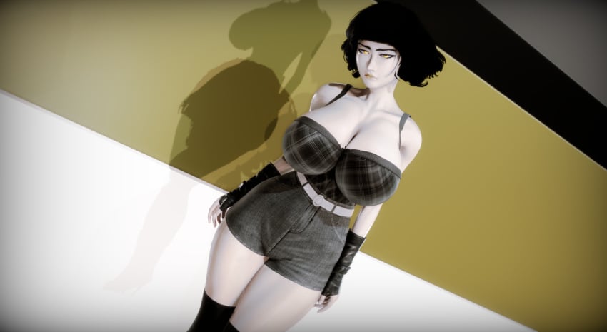 1girls 3d 3d_(artwork) 3d_model annoyed annoyed_expression annoyed_face breasts curvaceous curvy curvy_body curvy_female curvy_figure emo emo_girl fingerless_gloves isabel_(kazarinka) kazarinka_(artist) large_breasts looking_at_viewer pale_skin prevence shorts stockings voluptuous voluptuous_female yellow_eyes