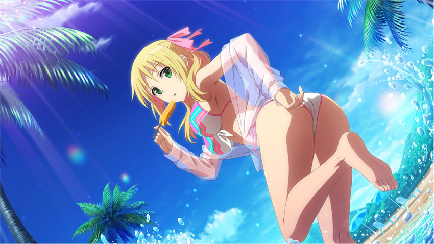 armpits ass bare_legs bare_shoulders bare_thighs barefoot big_breasts blonde_hair breasts cleavage esther_rosenthal feet feet_up green_eyes hair_ribbon official_art parted_lips popsicle sideboob swimsuit thighs to_aru_kagaku_no_accelerator to_aru_majutsu_no_index toes