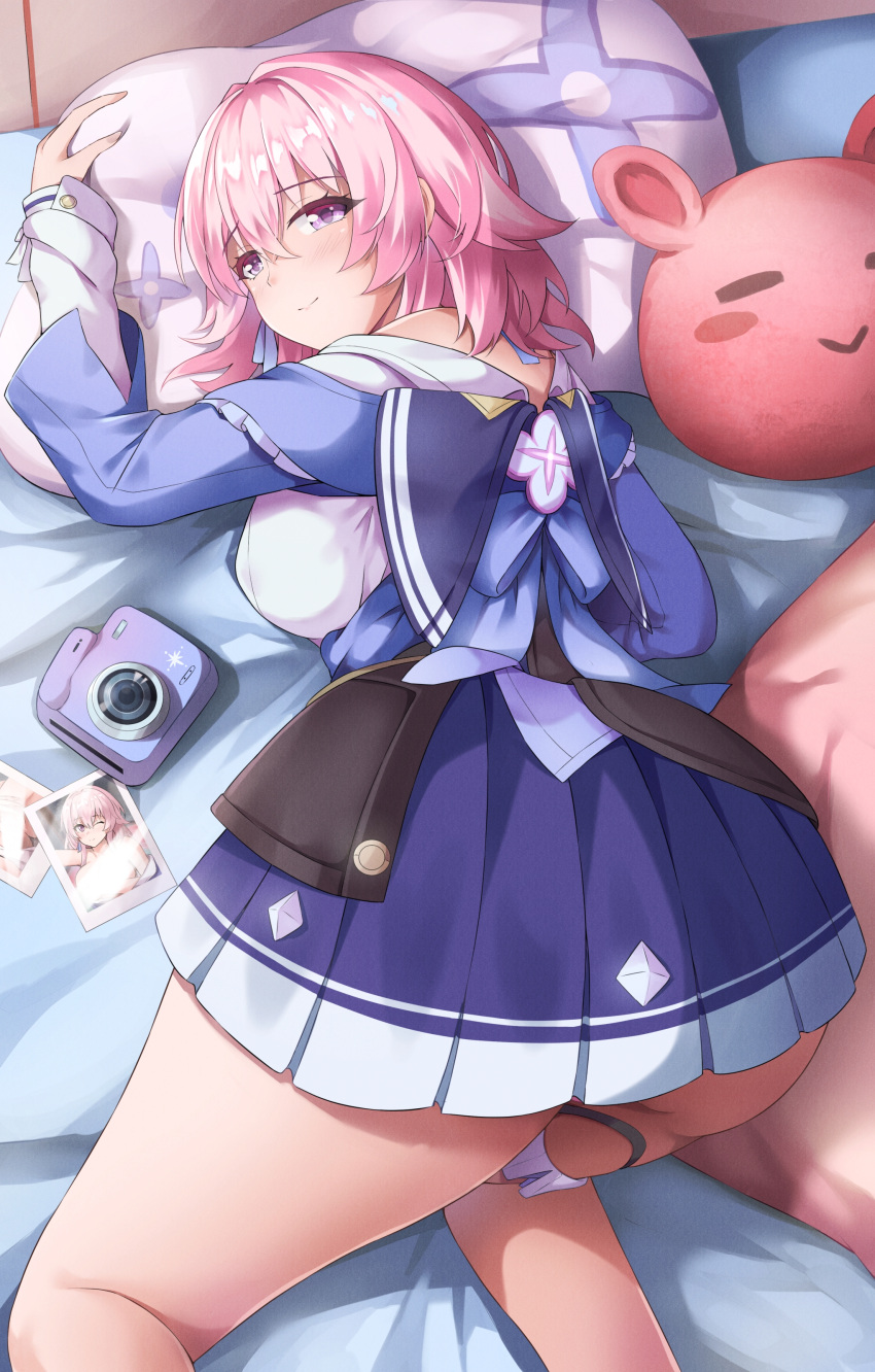 1girls godrays honkai:_star_rail honkai_(series) march_7th_(honkai:_star_rail) photograph pillow pillow_grab pink_hair zuikillme