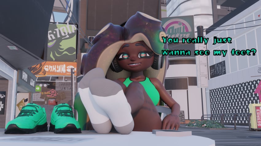 1girls 3d dekaranger dialogue feet female female_only foot_fetish marina_(splatoon) marina_(wo262) octoling socks splatoon splatoon_2