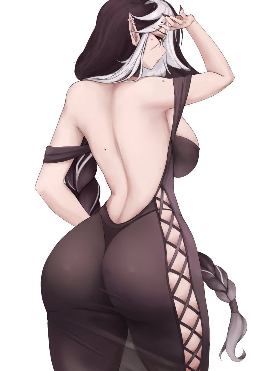 1girls 2024 ass back backless_outfit big_breasts black_hair braid dress ear_piercing elf elf_ears elf_female female female_only hi_res kuro_sancha long_dress long_hair looking_at_viewer looking_back looking_back_at_viewer mole mole_on_back mole_on_shoulder mole_under_eye narrowed_eyes rear_view solo thick_ass thick_thighs two_tone_hair white_background white_hair zoelie_(sasha_khmel)