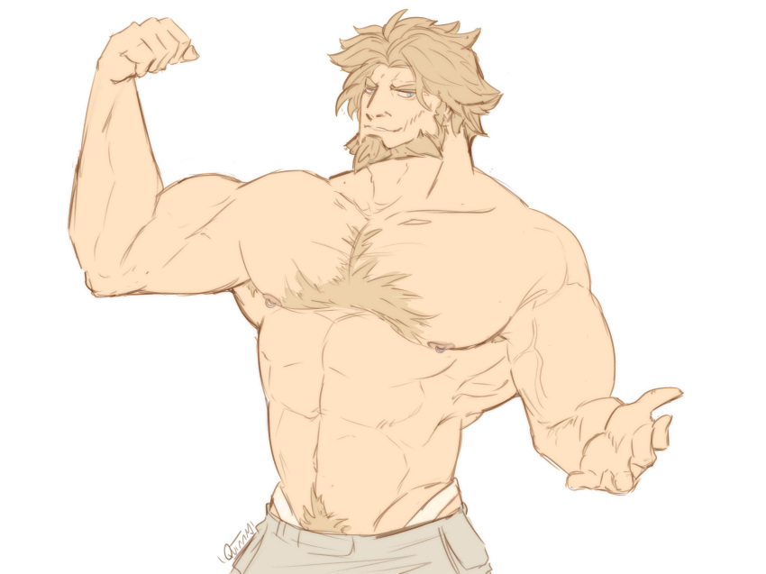 bara beard chest_hair facial_hair flexing guilty_gear leo_whitefang male male_only muscles muscular pants quietscrappy shirtless solo solo_male