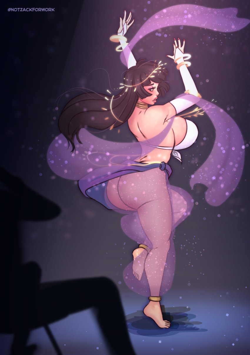 1girls armwear ass barefoot belly_dancer belly_dancer_outfit black_hair bubble_butt dancer dancer_outfit dancing fingerless_gloves harem_girl harem_outfit harem_pants long_hair looking_back notzackforwork original original_character purple_eyes see-through_pants voluptuous