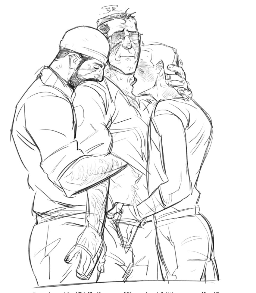 bashful cute demoman demoman_(team_fortress_2) embarrassed gay gay_male hairy licking lukewarmflukes male_only mmm_threesome palming scout_(team_fortress_2) sketch sniper_(team_fortress_2) team_fortress_2 threesome white_background