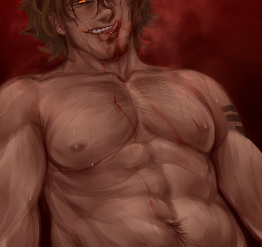 1boy bara bara_tiddies bara_tits barazoku blood_splatter boyfriend_to_death chubby chubby_belly dad_bod dadbod dark-skinned_male licking_lips lissa_f male male_only shirtless solo_male strade sweatdrop you_kill_me_every_time