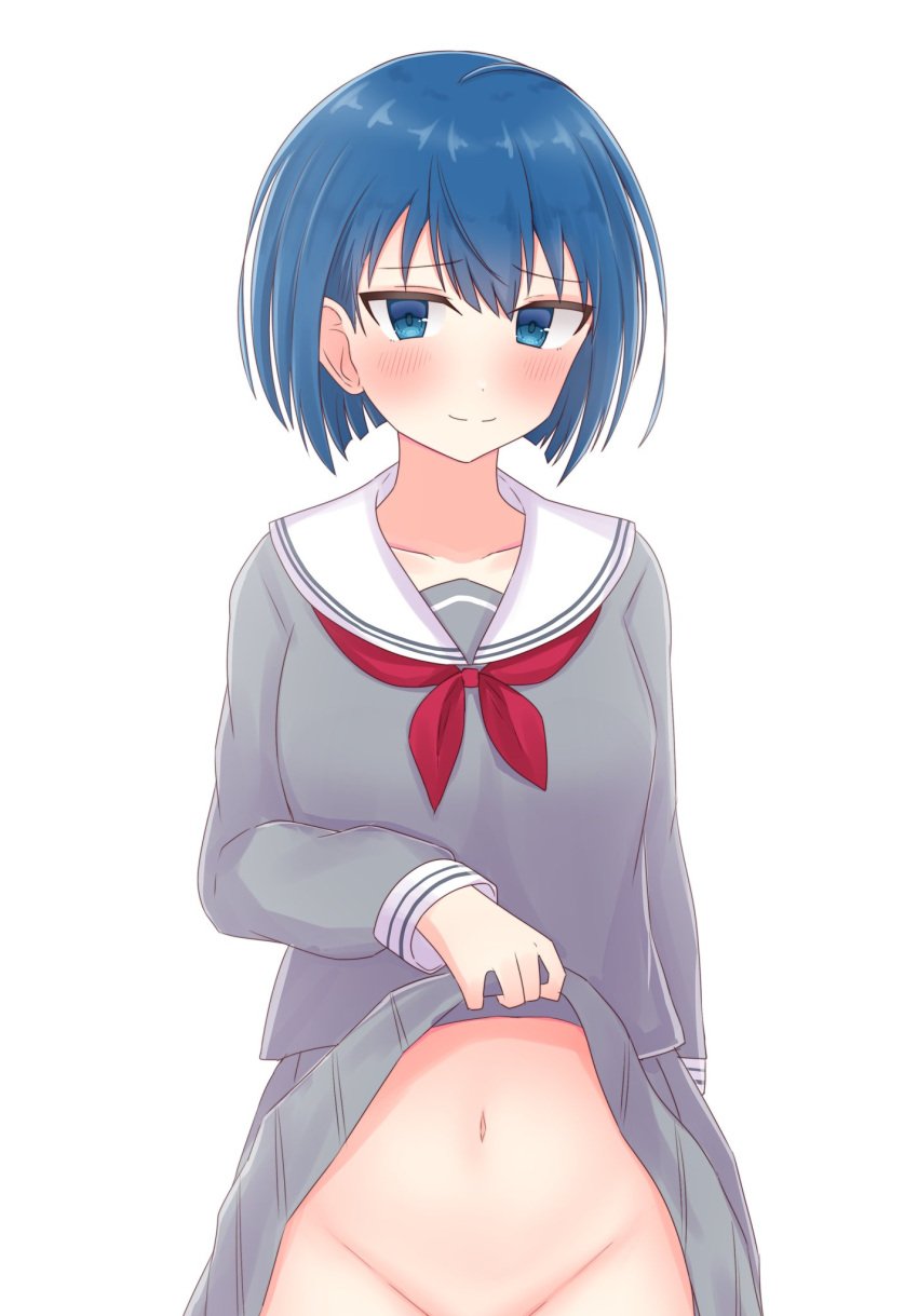 blue_eyes blue_hair blush chiaki_himanagi kiritani_haruka miyamasuzaka_girls'_academy_school_uniform more_more_jump!_(project_sekai) no_panties no_skirt project_sekai school_uniform showing_pussy smiling_at_viewer