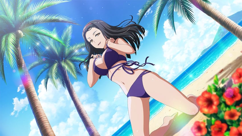 bare_arms bare_belly bare_legs bare_shoulders bare_thighs barefoot beach belly_button big_breasts bikini black_hair breasts brown_eyes cleavage feet hairband holding_strap kumokawa_seria long_hair official_art on_knees open_mouth outdoors purple_bikini smile thighs to_aru_majutsu_no_index toes