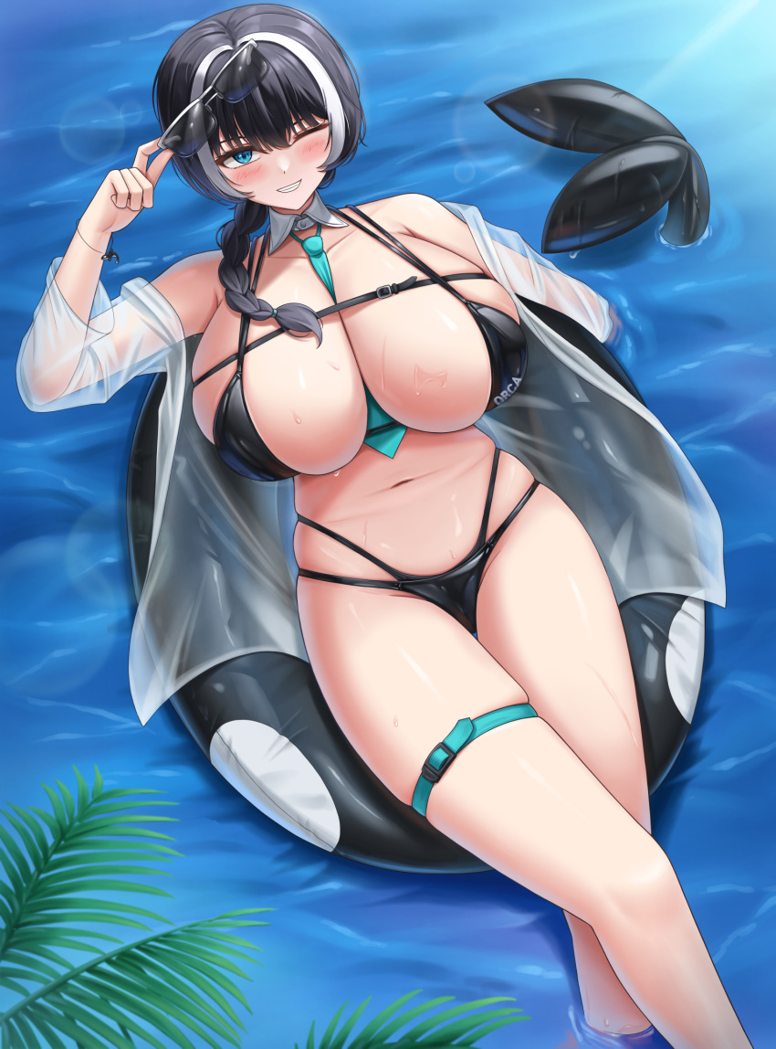 alcyone_(last_origin) beach blush coat collar floatie from_above gigantic_breasts grin huge_breasts last_origin necktie necktie_between_breasts ocean one_eye_closed orca_tail palm_tree see-through_clothing smile sunglasses_on_head swimsuit thick_thighs thigh_strap wet_skin wide_hips