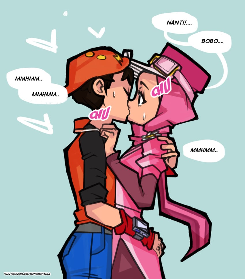 1boy 2d arms_around_neck arms_around_waist backwards_hat boboiboy boboiboy_(series) boboiboy_galaxy bolapistarize closed_eyes female hijab kissing orange_jacket pink_dress pink_goggles pink_hat pink_skirt surprise_kiss surprised watermark yaya_(boboiboy)